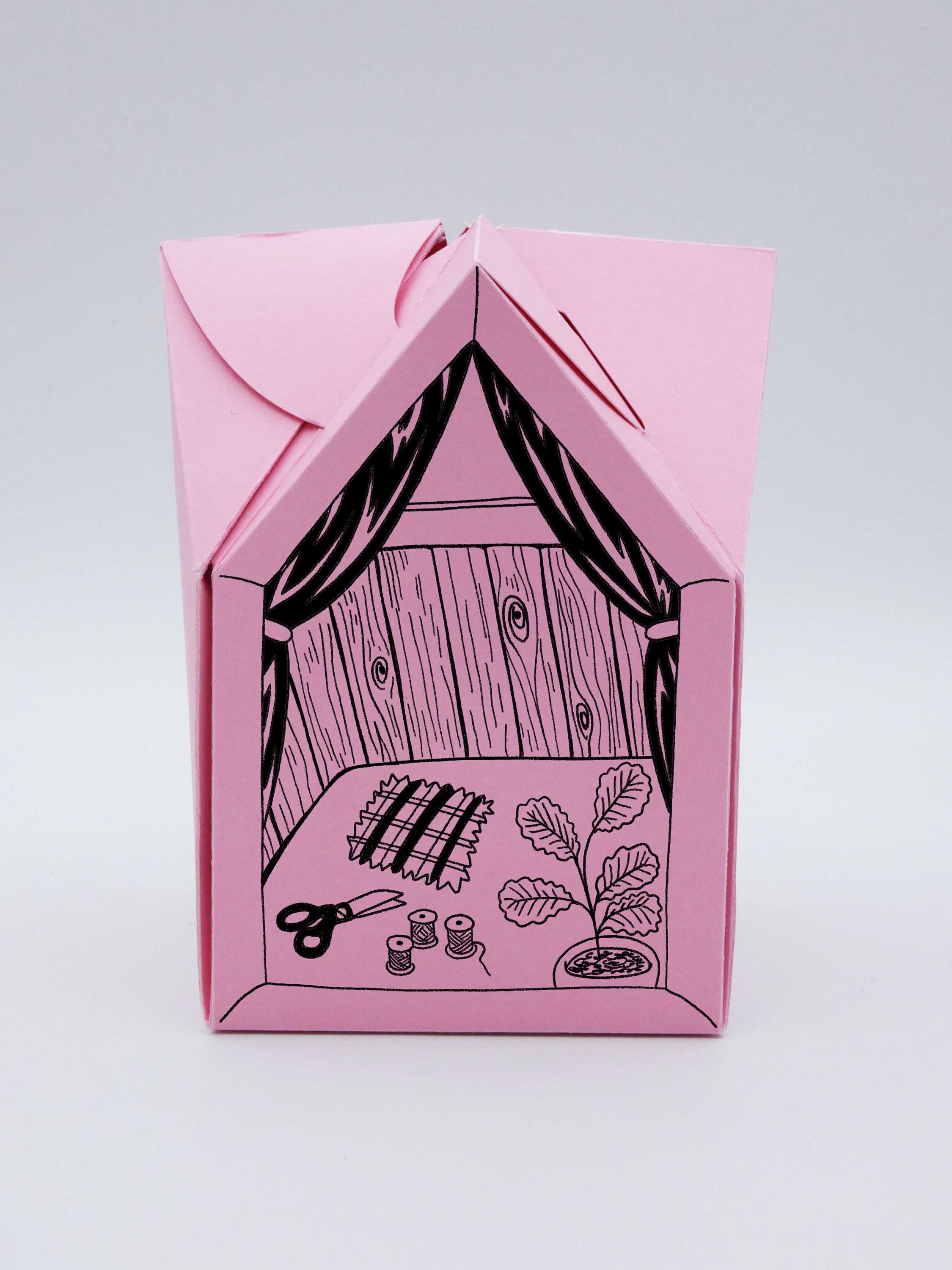 pink house shaped box with window drawing